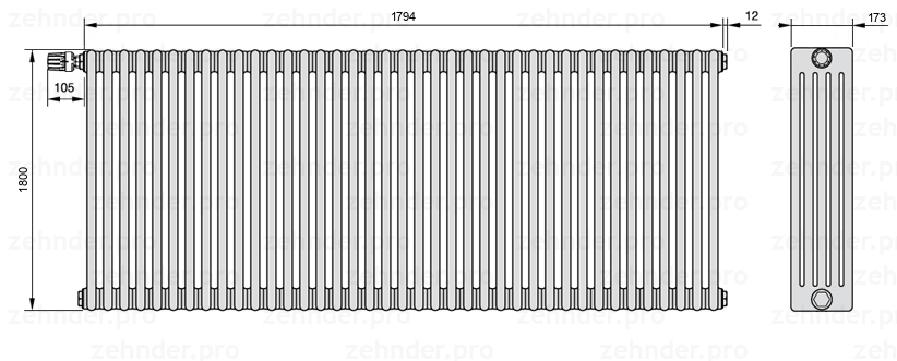Схема (чертеж) Радиатор Zehnder Charleston 5180/39 №V011 Белый глянцевый RAL 9016